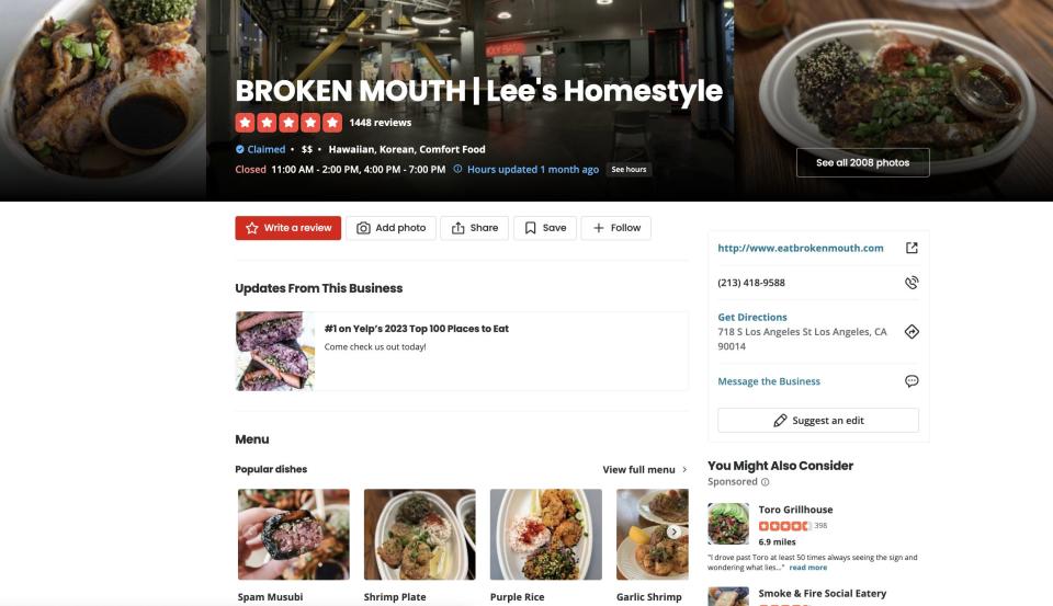 Broken Mouth restaurant's page on Yelp