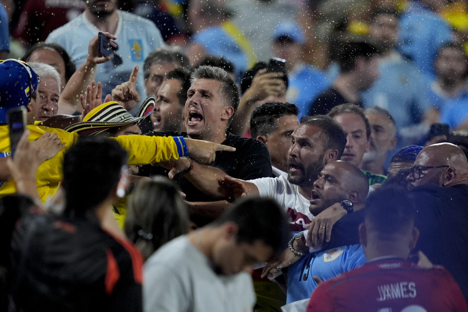 Los jugadores de Uruguay increpan a aficionados al término de la semifinal contra Colombia en la Copa América, el miércoles 10 de julio de 2024, en Charlotte. (AP Foto/Julia Nikhinson)