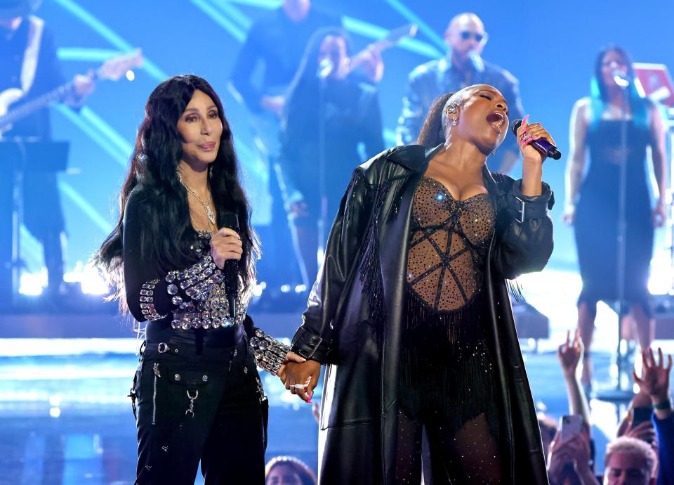 Cher and Jennifer Hudson perform onstage during the 2024 iHeartRadio Music Awards at Dolby Theatre in Los Angeles, California on April 1, 2024.