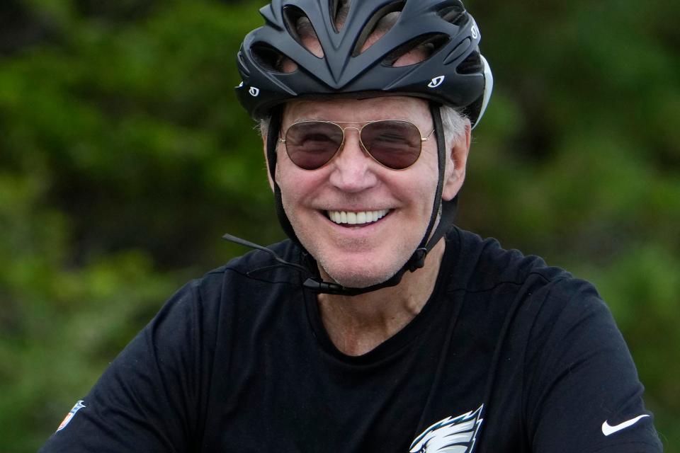 President Joe Biden goes on a bike ride in Gordons Pond State Park in Rehoboth Beach, Del., Monday, July 31, 2023. (AP Photo/Manuel Balce Ceneta) ORG XMIT: DEMC418
