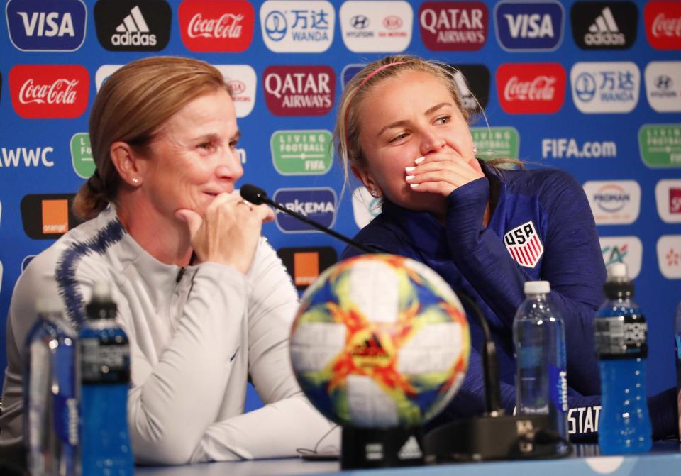 Jun 15, 2019; Paris, FRA; The United States head coach Jill Ellis and midfielder Lindsey Horan whisper to each other during a Team USA press conference in the FIFA Women's World Cup France 2019 at Parc des Princes. Mandatory Credit: Michael Chow-USA TODAY Sports