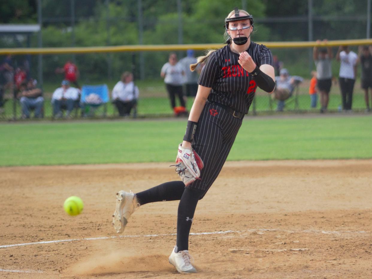 Taunton's Sam Lincoln tosses a pitch during an MIAA Division 1 Final Four game against Central Catholic.