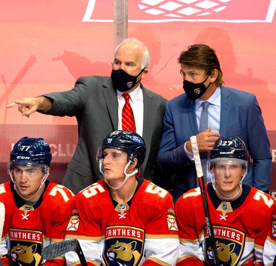 Florida Panthers head coach Joel Quenneville and assistant coach Ulf Samuelsson talk during the third period of the Florida Panthers NHL home opener game against the Chicago Blackhawks at the BB&T Center on Sunday, January 17, 2021 in Sunrise, Fl.