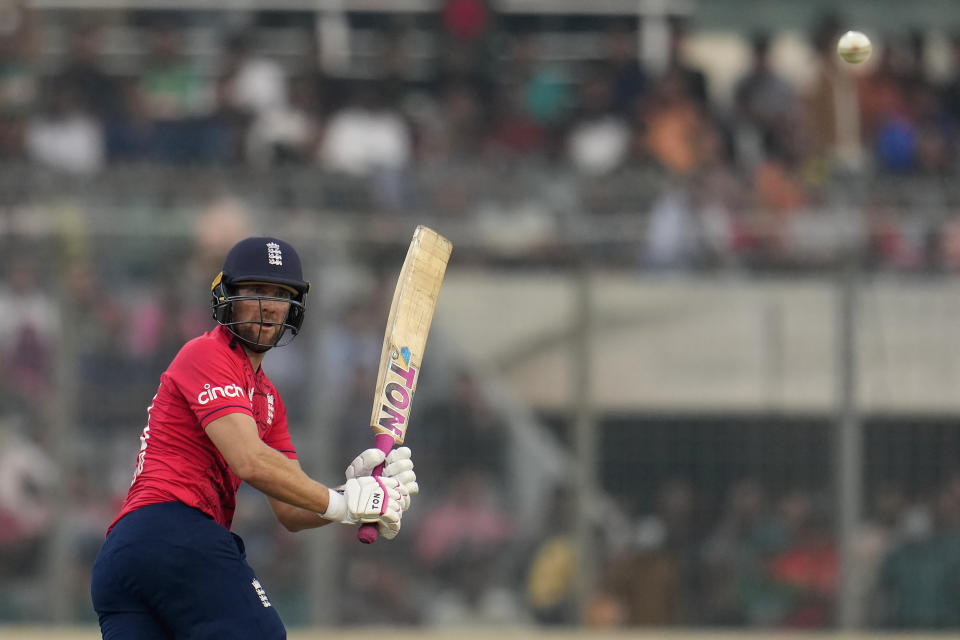 England's Dawid Malan plays a shot during the third and last T20 cricket match between Bangladesh and England in Dhaka, Bangladesh, Tuesday, March 14, 2023. (AP Photo/Aijaz Rahi)