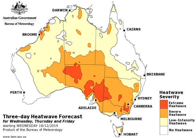 Most of Australia will suffer through a low intensity heatwave, while parts of WA, South Australia, Victoria, NSW and ACT will have extreme heatwave conditions. Source: Bureau of Meteorology.