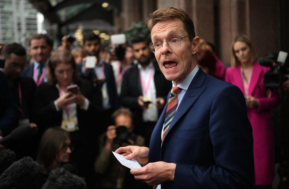 Conservative Mayor of the West Midlands, Andy Street (2R) delivers a press conference to the media, calling on Prime Minister Rishi Sunak, to complete the party's promise to deliver the high-speed 2 HS2 rail network, at the annual Conservative Party Conference in Manchester, northern England, on October 2, 2023. (Photo by Oli SCARFF / AFP) (Photo by OLI SCARFF/AFP via Getty Images)