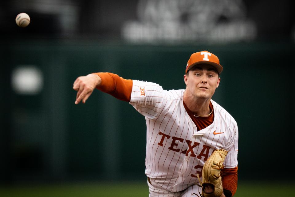 Texas pitcher Charlie Hurley throws a pitch in the first inning of Thursday night's 5-4 win over Kansas to open their Big 12 series at UFCU Disch-Falk Field. Hurley found out that he was getting the start earlier in the day.