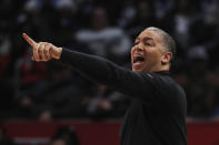 Los Angeles Clippers coach Tyronn Lue reacts during the first half of the team's NBA basketball game against the Utah Jazz, Friday, April 5, 2024, in Los Angeles. (AP Photo/Etienne Laurent)