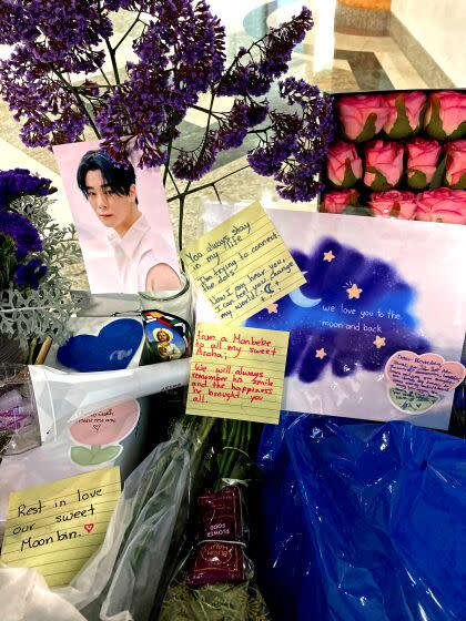 Fans sets up memorials to mourn the loss of K-pop star Moonbin at Choice Music in Koreatown, Apr. 21, 2023.