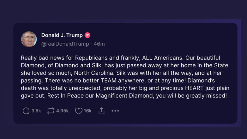 Donald Trump on Truth Social comments on Diamond