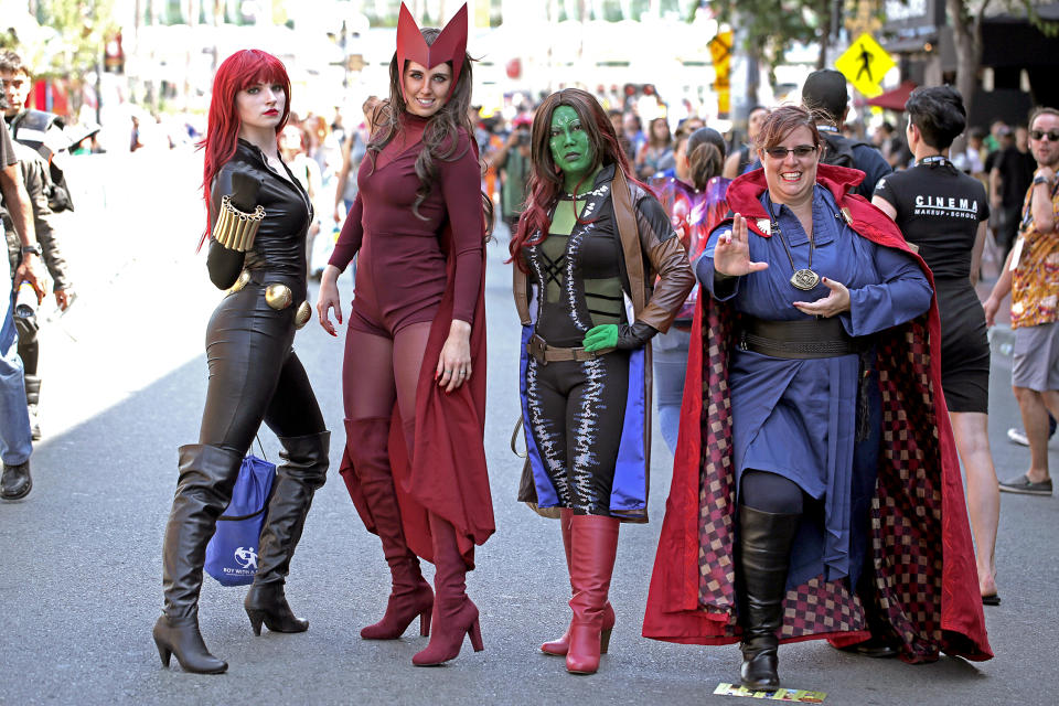 <p>Cosplayers dressed at Black Widow, Scarlet Witch, Gamora, and Doctor Strange at Comic-Con International on July 19, 2018, in San Diego. (Photo: Quinn P. Smith/Getty Images) </p>