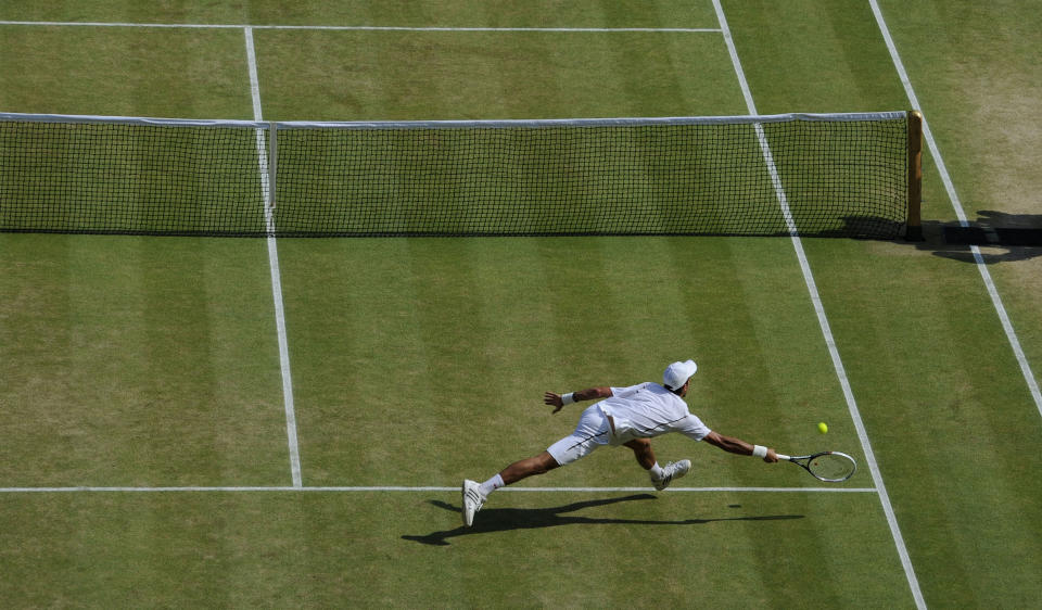 Serbia's Novak Djokovic in his Men's Final against Great Britain's Andy Murray during day thirteen of the Wimbledon Championships at The All England Lawn Tennis and Croquet Club, Wimbledon.