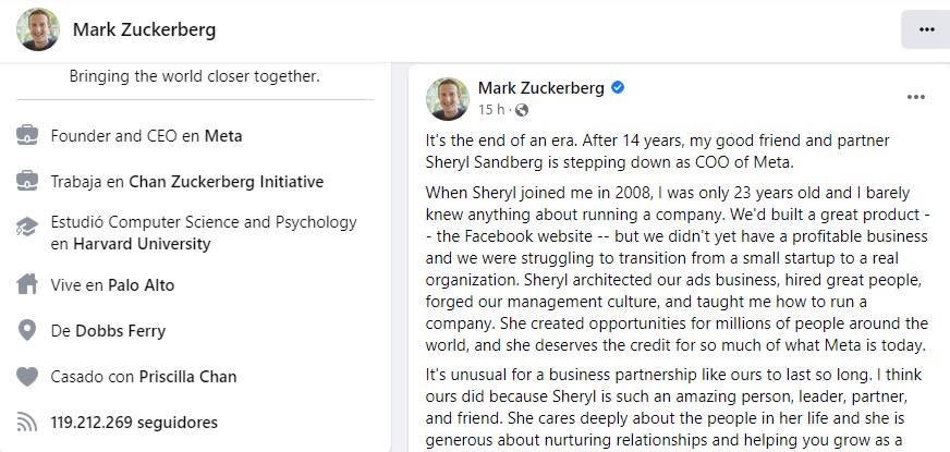 Qué dijo Mark Zuckerberg sobre la salida de Sheryl Sandberg