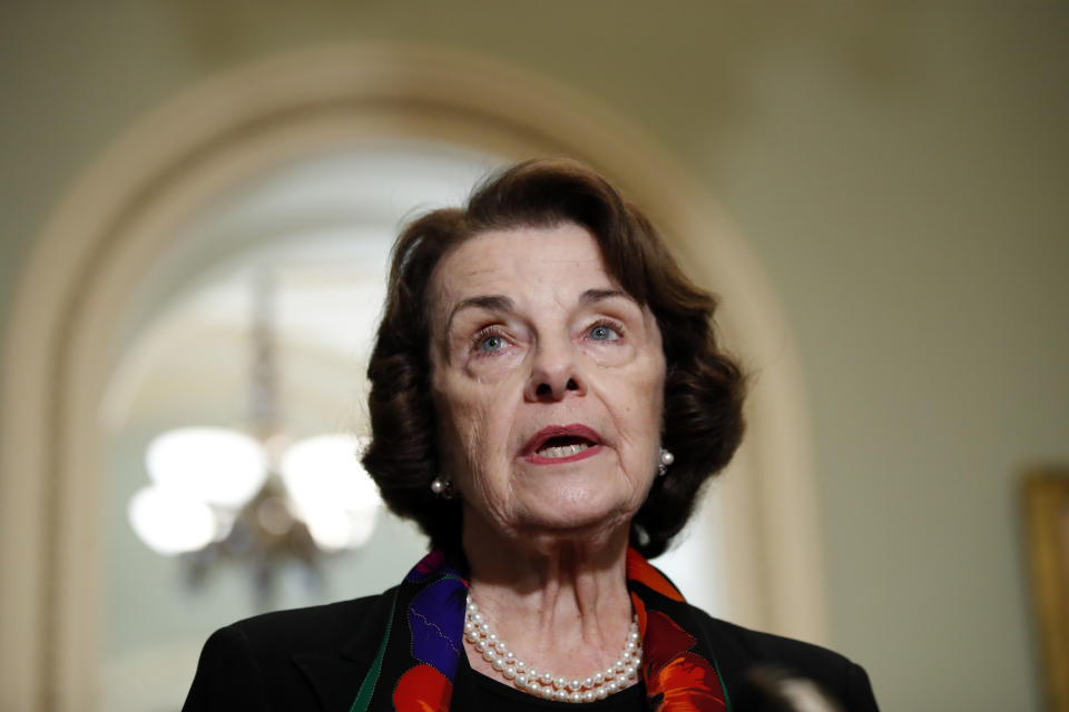 Senate Judiciary Committee Ranking Member Sen. Dianne Feinstein, D-Calif., speaks to the media about the FBI report on sexual misconduct allegations against Supreme Court nominee Brett Kavanaugh, on Capitol Hill, Thursday, Oct. 4, 2018 in Washington. (AP Photo/Alex Brandon)