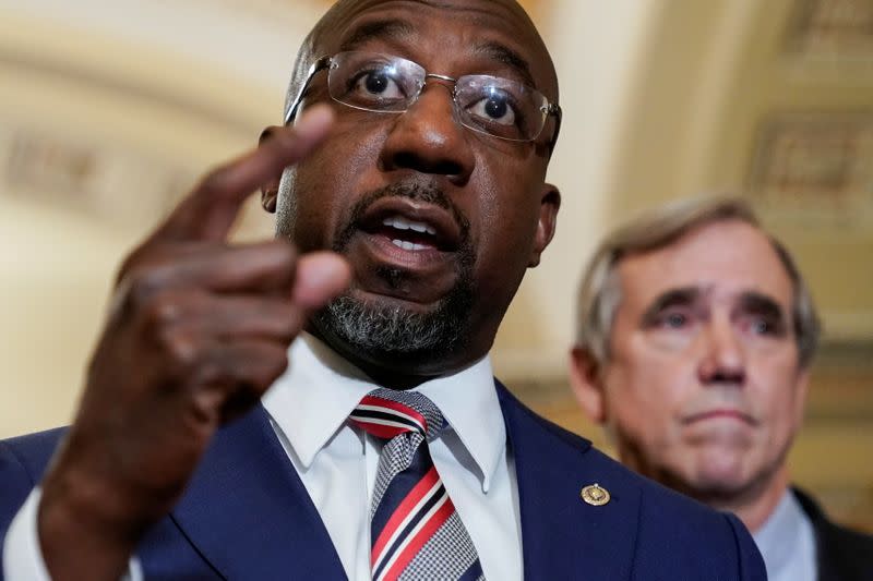 Senator Raphael Warnock (D-GA) speaks to the media in Washington