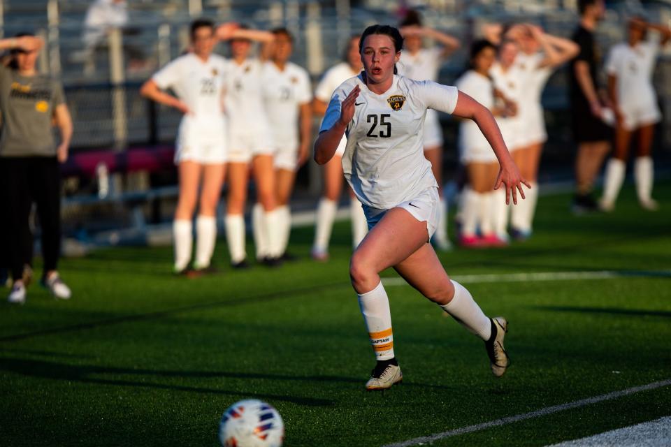 Hamilton's Mariana DellaVecchia takes the ball down the field during a game against Holland Christian Wednesday, April 12, 2023, at Holland Christian. 