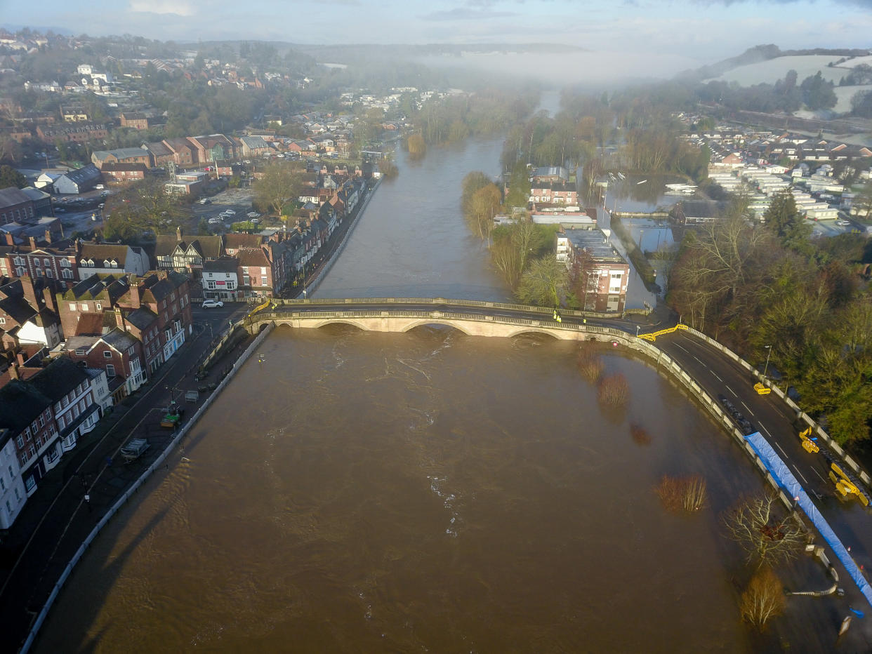 Aerial view of flooding along the river Severn at Bewdley where despite the efforts by the environment agency, one side of the flood defences have been overtopped as storm Christoph continues to wreak havoc. (SWNS)