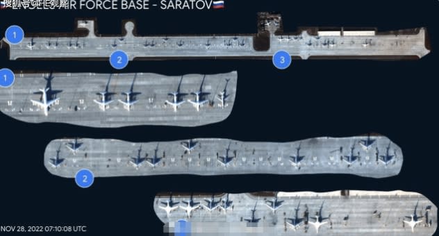 衛星圖片顯示，在位於俄羅斯薩拉托夫的恩格斯空軍基地，俄羅斯空天軍集結了 20 架圖-160 「海盜旗」和圖-95「熊」戰略轟炸機，   圖 : 翻攝自搜狐