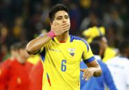 Ecuador's Cristian Noboa blows a kiss to fans after defeating Honduras in their 2014 World Cup Group E soccer match at the Baixada arena in Curitiba June 20, 2014. REUTERS/Stefano Rellandini (BRAZIL - Tags: SOCCER SPORT WORLD CUP)