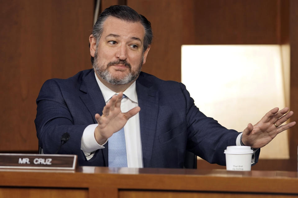 Sen. Ted Cruz, R-Texas, speaks during the confirmation hearing for Supreme Court nominee Amy Coney Barrett, before the Senate Judiciary Committee, Thursday, Oct. 15, 2020, on Capitol Hill in Washington. (Greg Nash/Pool via AP)