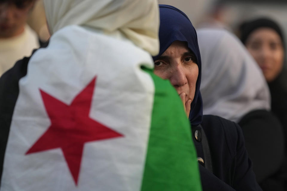 Women gather to protest against Israeli airstrikes on Gaza in the Puerta del Sol in central Madrid, Spain, Monday, Oct. 9, 2023. (AP Photo/Paul White, File)