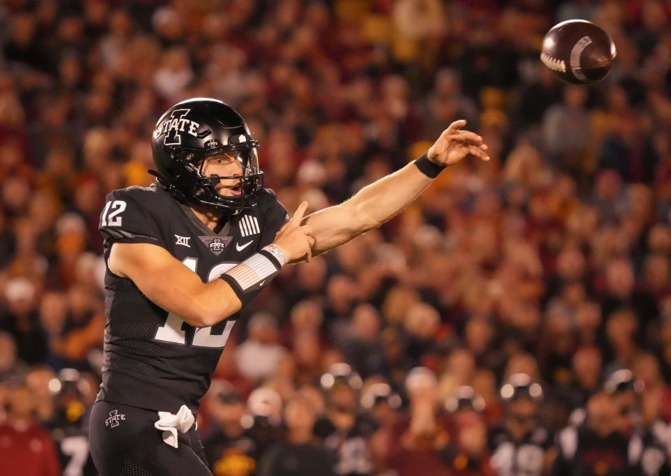 Iowa State quarterback Hunter Dekkers throws a pass in the second quarter against No. 25 Kansas State on Saturday in Ames.