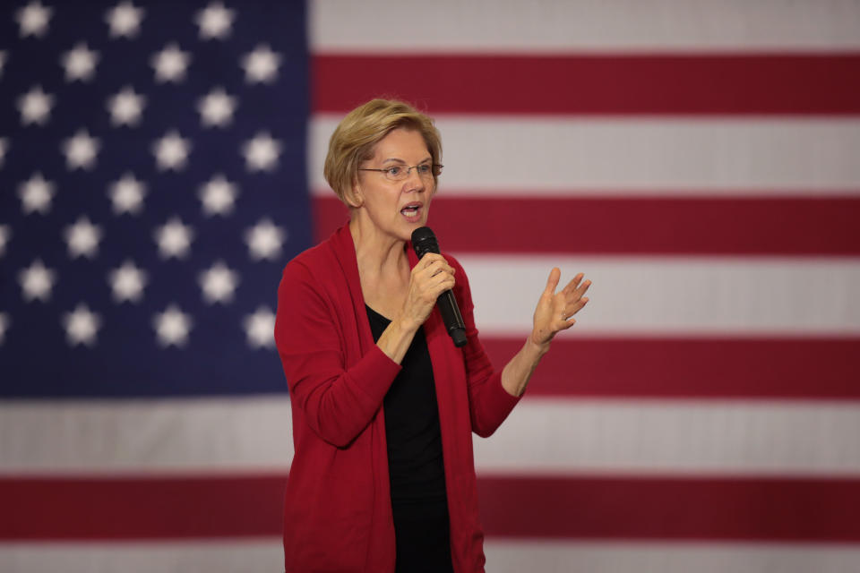 DUBUQUE, IOWA - NOVEMBER 02: Democratic presidential candidate Sen. Elizabeth Warren (D-MA) speaks to guests during a campaign stop at Hempstead High School on November 02, 2019 in Dubuque, Iowa. The 2020 Iowa Democratic caucuses will take place on February 3, 2020, making it the first nominating contest for the Democratic Party in choosing their presidential candidate. (Photo by Scott Olson/Getty Images)