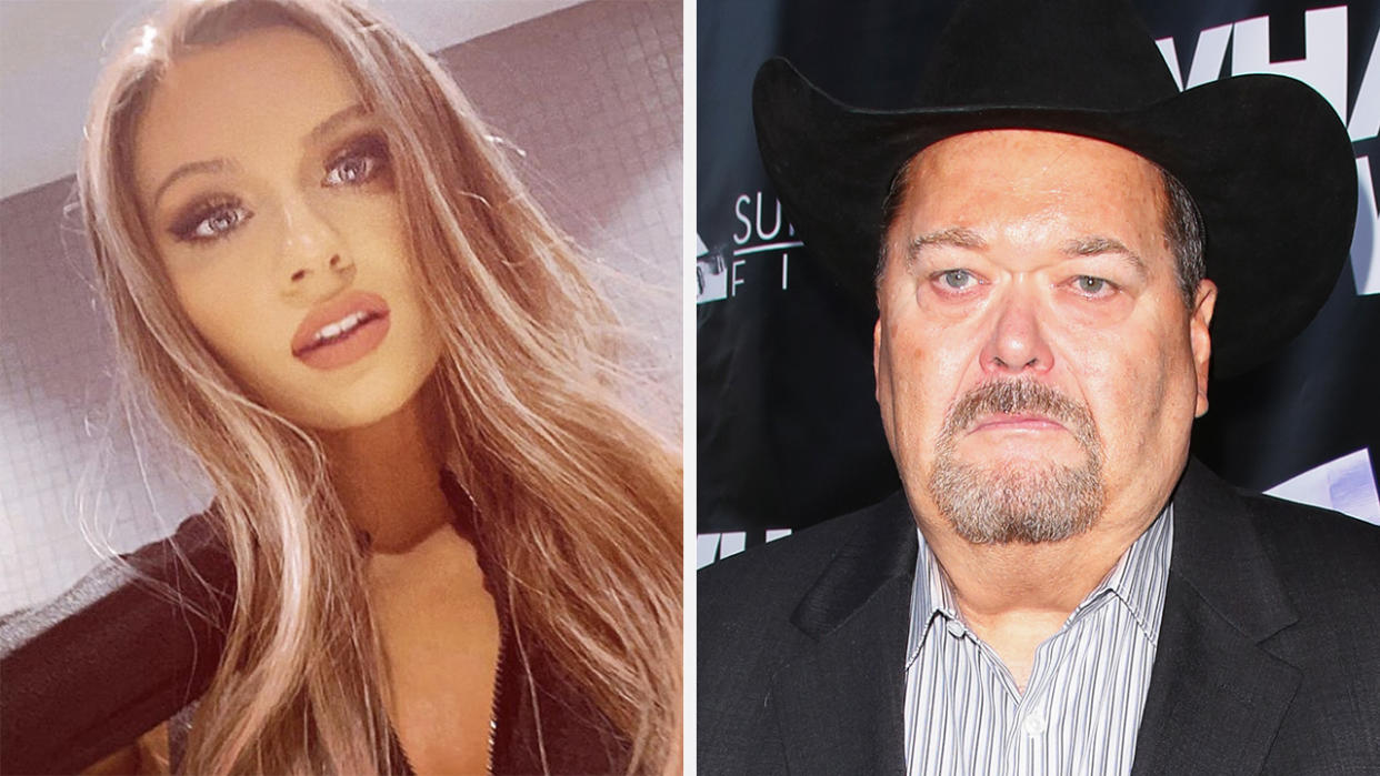 A 50-50 split image shows wrestler Anna Jay on the left and Jim Ross on the right.