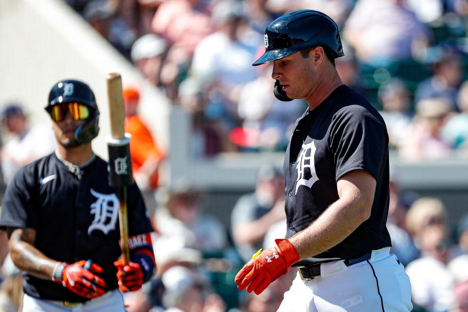 Tigers second baseman Colt Keith walks off the field after strikeout against the Yankees during the first inning of the Grapefruit League season opener at Joker Marchant Stadium in Lakeland, Florida, on Saturday, Feb. 24, 2024.