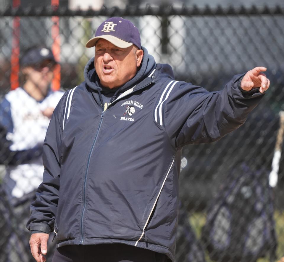 Indian Hills Coach Joe Leicht during the Blue and Gold Softball Tournament held in Pompton Plains, NJ on April 8, 2023.