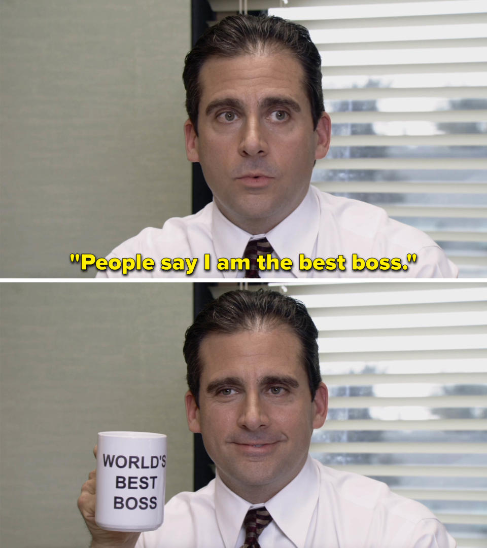 Michael saying, "People say I am the best boss" and then holding a World's Best Boss mug