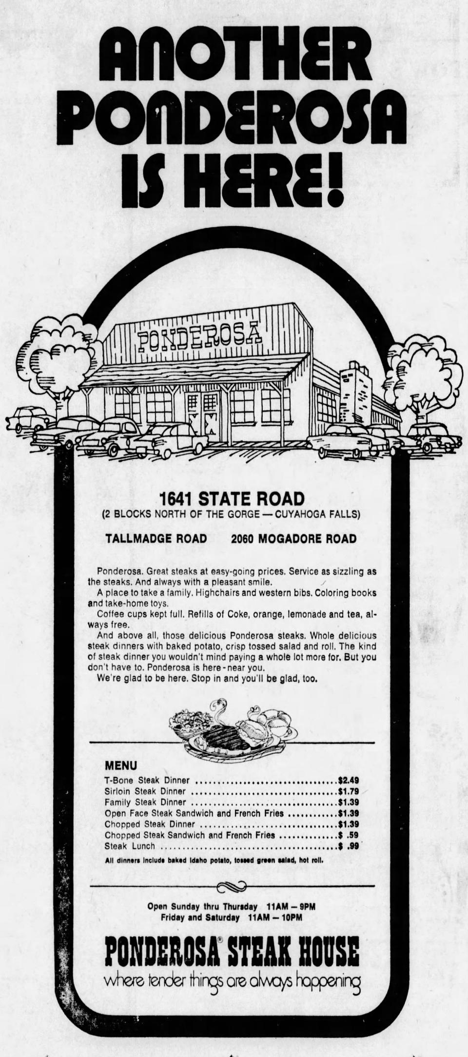 A Beacon Journal advertisement promotes the 1972 opening of a Ponderosa restaurant on State Road in Cuyahoga Falls.