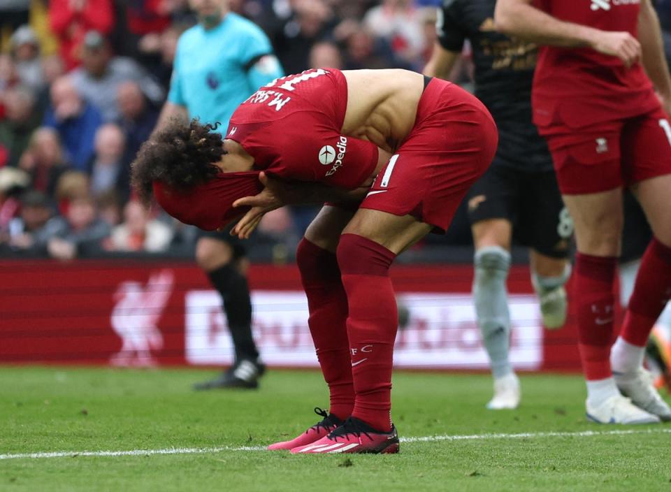 Mohamed Salah reacts after missing from the penalty spot (Reuters)