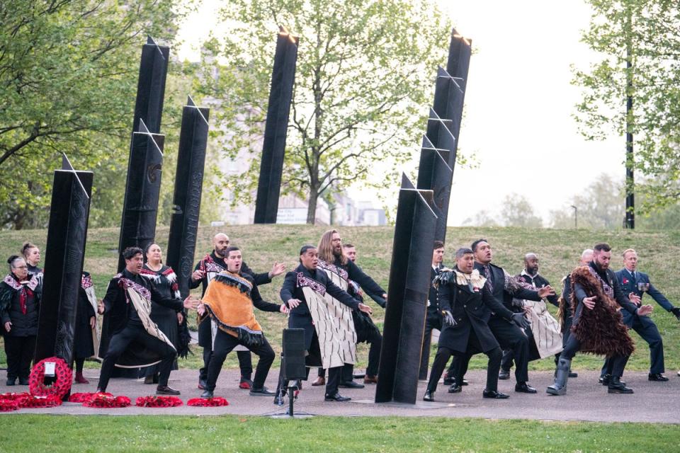 A haka is performed at the New Zealand Memorial at Hyde Park Corner, London. Maoris and other aboriginal soldiers also served at Gallipoli (Dominic Lipinski / PA Wire)