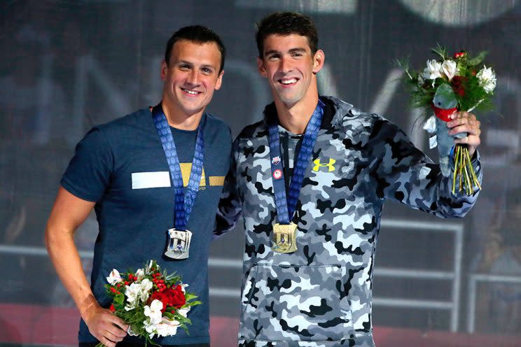 OMAHA, NE - JULY 01: Michael Phelps (R) and Ryan Lochte (L) of the United States participate in the medal ceremony for the Men's 200 Meter Individual Medley during Day Six of the 2016 U.S. Olympic Team Swimming Trials at CenturyLink Center on July 1, 2016 in Omaha, Nebraska. (Photo by Al Bello/Getty Images)