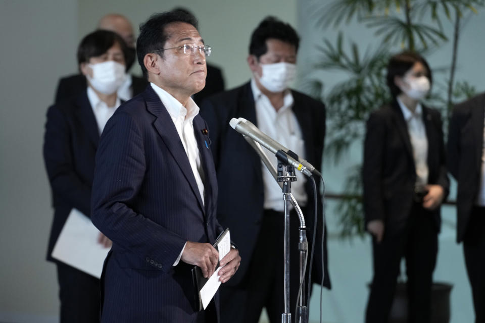 Japan's Prime Minister Fumio Kishida, speaks to media at the Prime Minister's official residence Friday, July 8, 2022, in Tokyo. Japan's former Prime Minister Shinzo Abe was shot during a campaign speech Friday in western Japan and was airlifted to a nearby hospital but he was not breathing and his heart had stopped, officials said. (AP Photo/Eugene Hoshiko)