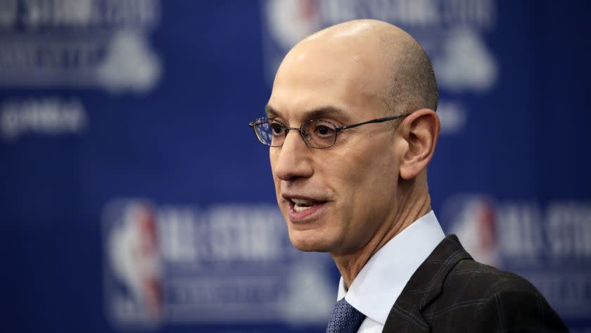 NBA Commissioner Adam Silver speaks during the NBA All-Star festivities, Saturday, Feb. 16, 2019, in Charlotte, N.C. The 68th All-Star game will be played Sunday. (AP Photo/Gerry Broome)