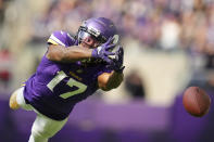 Minnesota Vikings wide receiver K.J. Osborn makes a diving attempt at a pass from quarterback Kirk Cousins in the second quarter of an NFL game against the Detroit Lions, Sunday, Sept. 25, 2022, in Minneapolis. (Anthony Souffle/Star Tribune via AP)