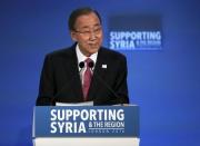 United Nations Secretary-General Ban Ki-moon speaks at the donors Conference for Syria in London, Britain February 4, 2016. REUTERS/Dan Kitwood/pool