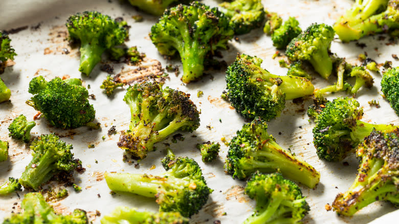 roasted broccoli on baking sheet