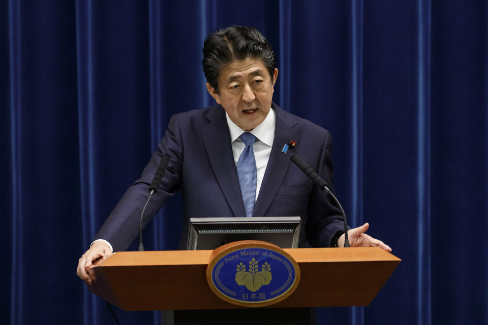 Japan's Prime Minister Shinzo Abe speaks during a press conference at the prime minister's official residence, Thursday, June 18, 2020, in Tokyo. Abe said Thursday that he regretted the arrest of his former justice minister and the minister's lawmaker wife over allegations they engaged in vote buying during last year's election, and that he takes the public criticism seriously. (Rodrigo Reyes Marin/Pool Photo via AP)