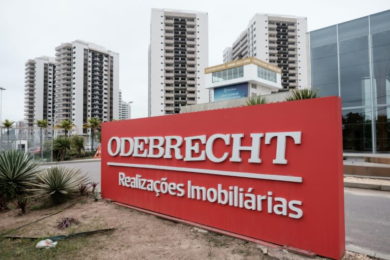 A logo of Odebrecht is seen at the Olympic and Paralympic Village in Rio de Janeiro in 2016