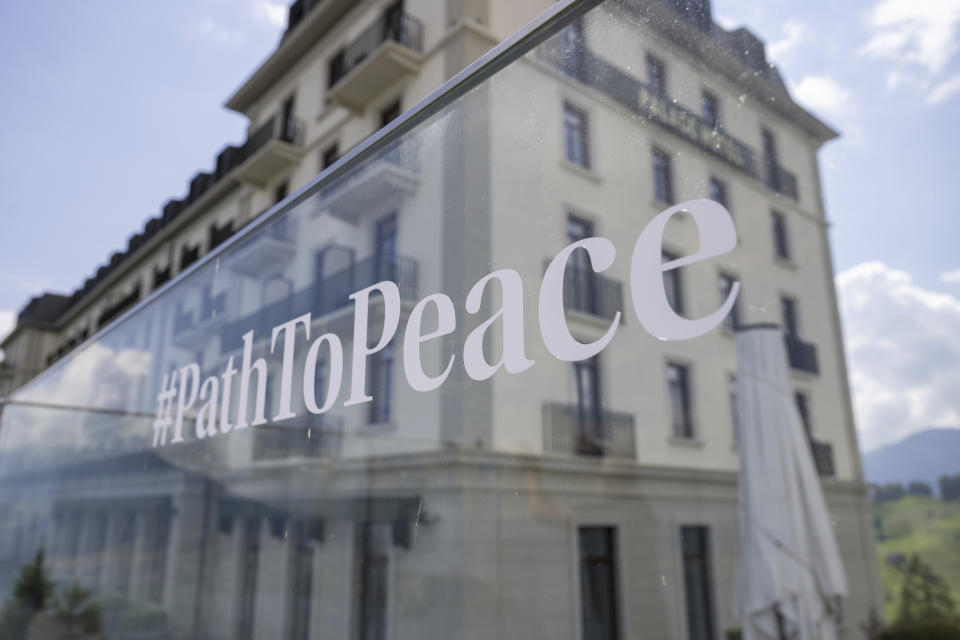 The logo of the peace summit is pictured in Buergenstock, Switzerland, Thursday, June 13, 2024. A Ukraine peace simmit with over 90 delegations from all over the world will take place at the Buergenstock Resort on Saturday, June 15 and Sunday, June 16, 2024. (Urs Flueeler/Keystone via AP)