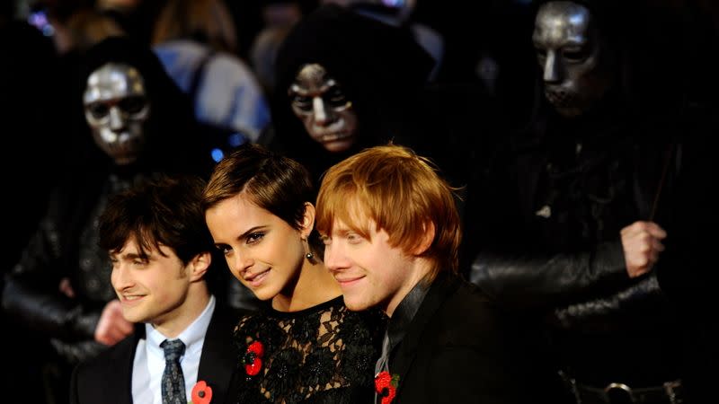 FILE PHOTO: Britain's Watson, Radcliffe and Grint pose as they arrive for the world film premiere of "Harry Potter and the Deathly Hallows: Part 1" in London