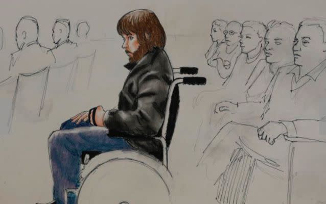 A sketch by courtroom artist Jeff Kandyba, shows Caleb Medley, who was shot in the head during the massacre at the cinema in Colorado. Source: AP.