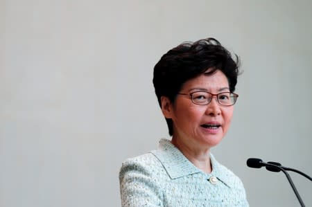 Hong Kong Chief Executive Carrie Lam speaks to journalists before a weekly Executive Council meeting in Hong Kong