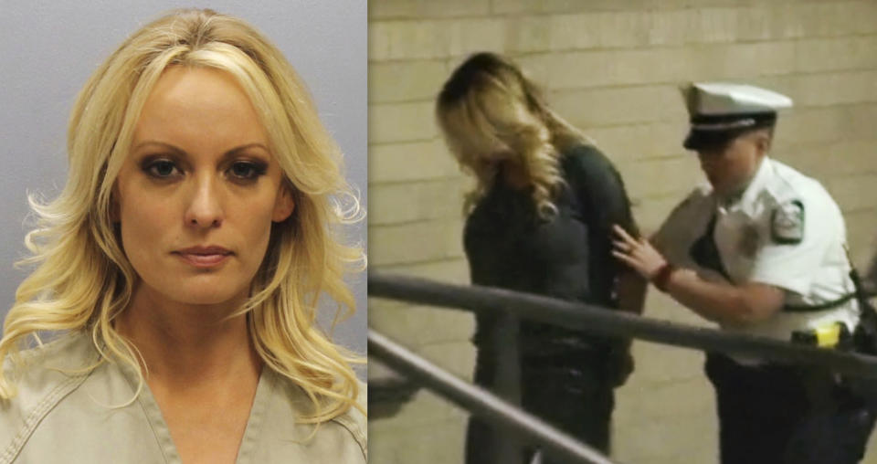 Stormy Daniels’s mug shot and a frame from video of the adult-film actress being led into jail in Columbus, Ohio. (Photos: Franklin County Sheriff’s Office via AP, WBNS via AP)