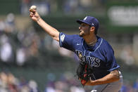 Tampa Bay Rays starting pitcher Zach Eflin (24) throws during the first inning of a baseball game against the Chicago Cubs, Wednesday, May 31, 2023, in Chicago. (AP Photo/Quinn Harris)