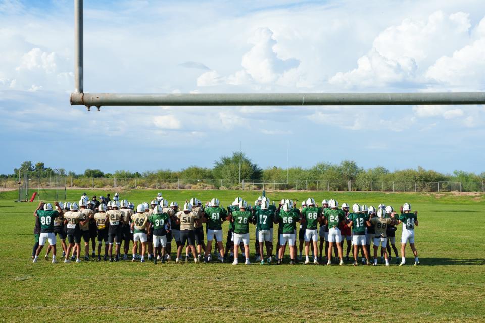 Basha High School football practice takes place on the school's practice fields on Oct. 3, 2022, in Chandler, AZ. Basha prepares to play Liberty High School on the upcoming Friday.