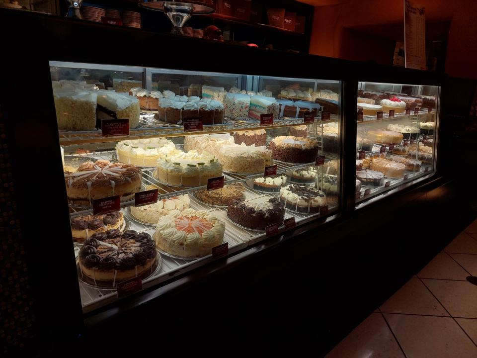 A fridge full of cheesecakes at the Cheesecake Factory in Chicago on the Magnificent Mile